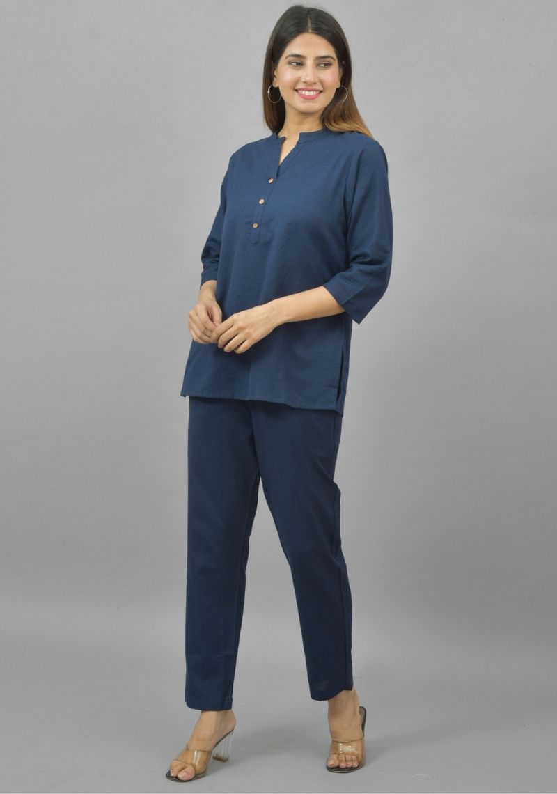 Women Co-Ords Navy Blue Cotton Flax Dress Top and Bottom