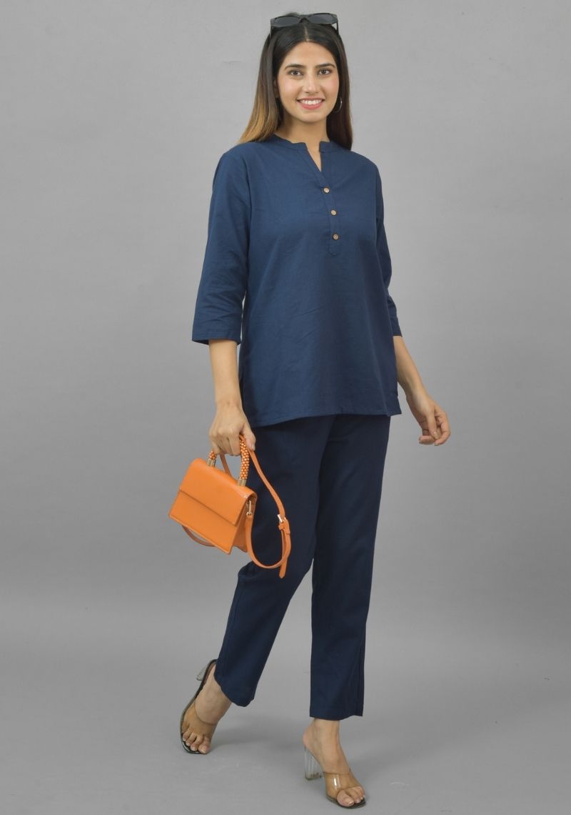 Women Co-Ords Navy Blue Cotton Flax Dress Top and Bottom