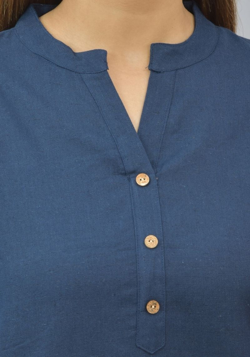 Women Co-Ords Navy Blue Cotton Flax Dress Top and Bottom