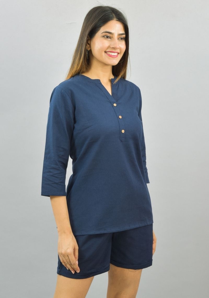 Women Co-Ords Navy Blue Cotton Flax Dress Top and Shorts