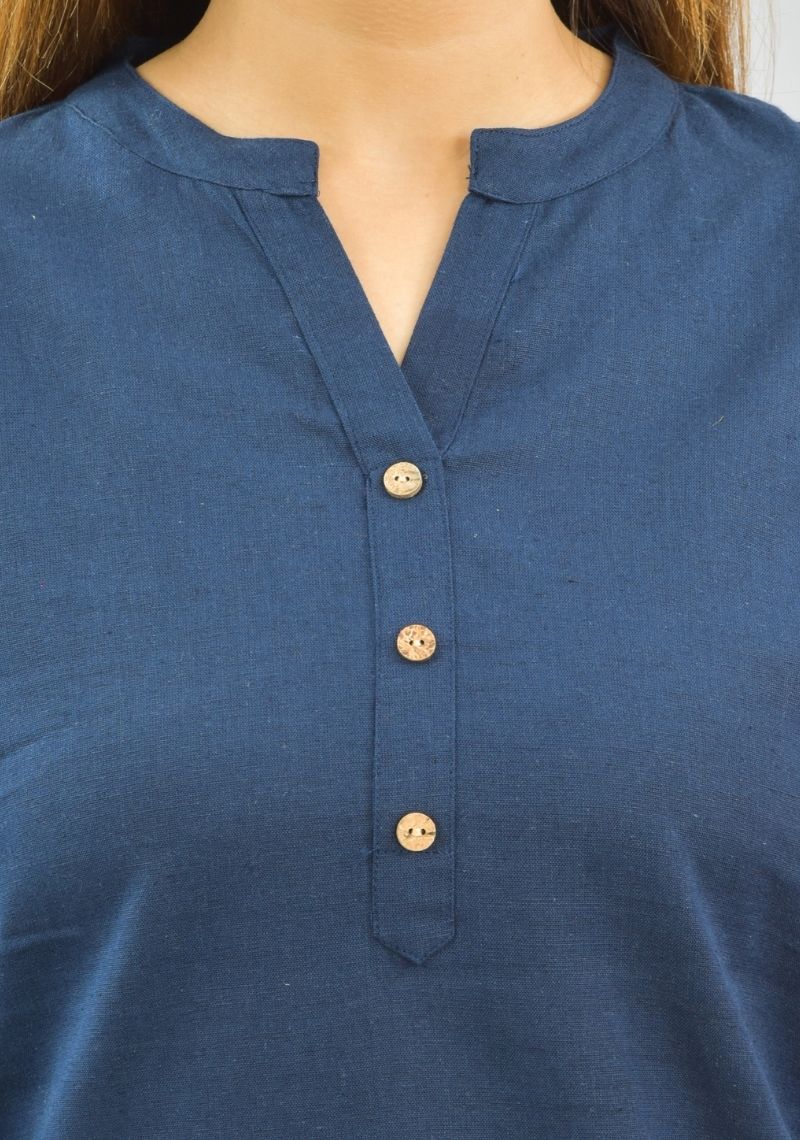 Women Co-Ords Navy Blue Cotton Flax Dress Top and Shorts