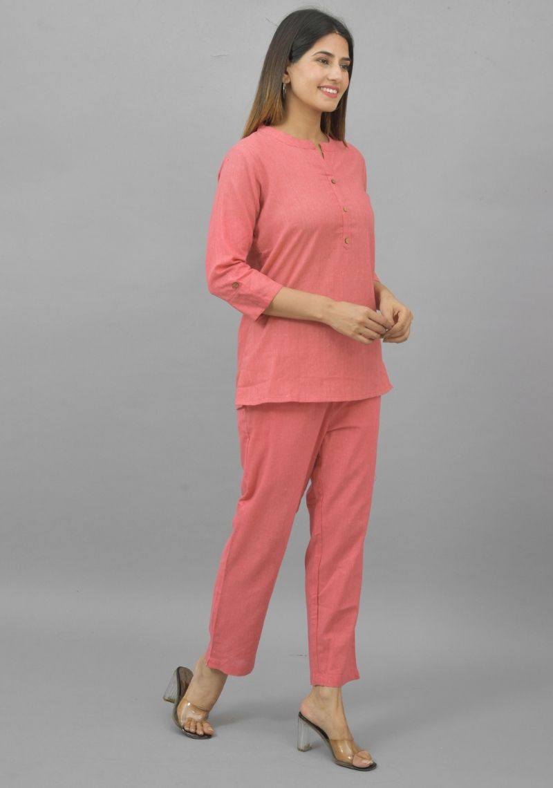 Women Co-Ords Peach Cotton Flax Dress Top and Bottom