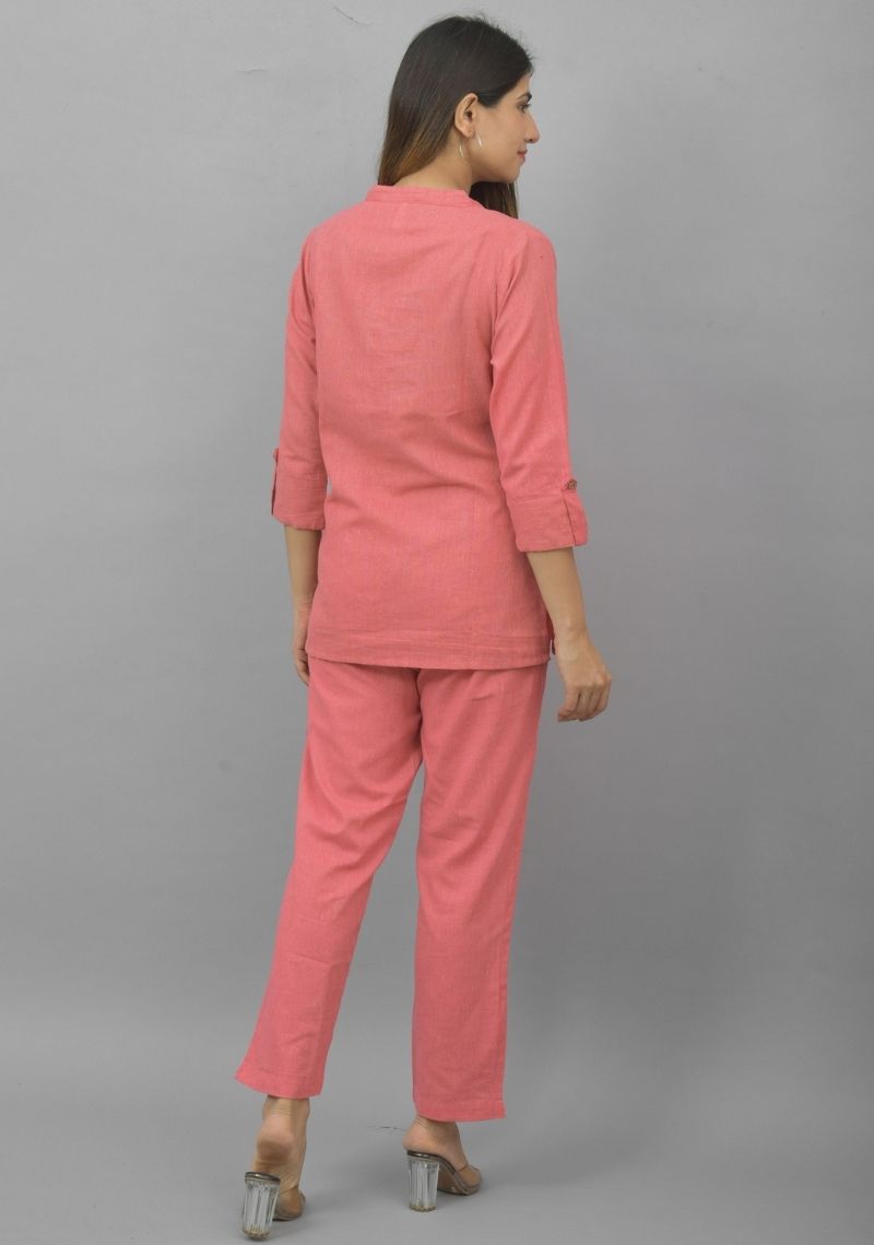 Women Co-Ords Peach Cotton Flax Dress Top and Bottom