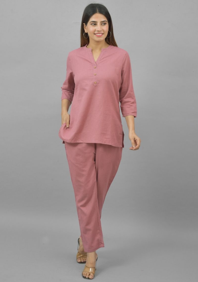 Women Co-Ords Pink Cotton Flax Dress Top and Bottom