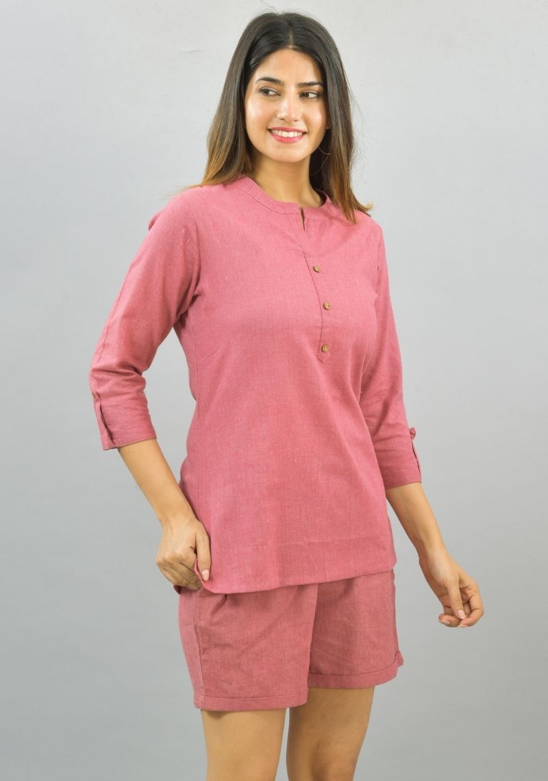 Women Co-Ords Pink Cotton Flax Dress Top and Shorts