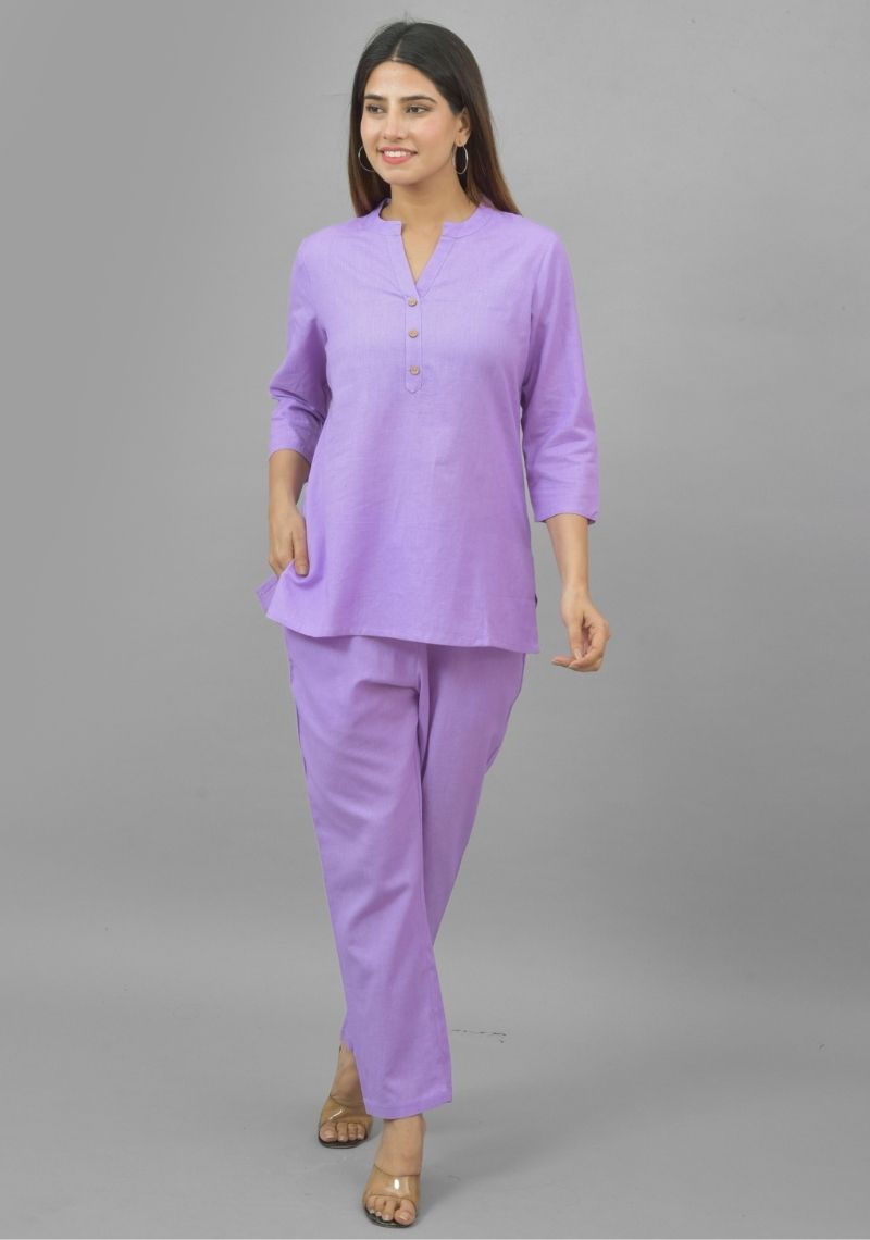 Women Co-Ords Purple Cotton Flax Dress Top and Bottom