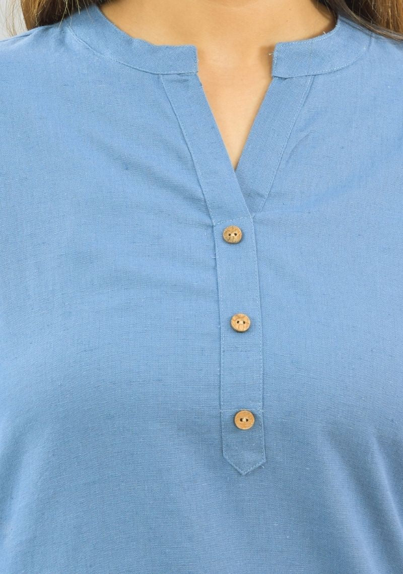 Women Co-Ords Sky Blue Cotton Flax Dress Top and Shorts