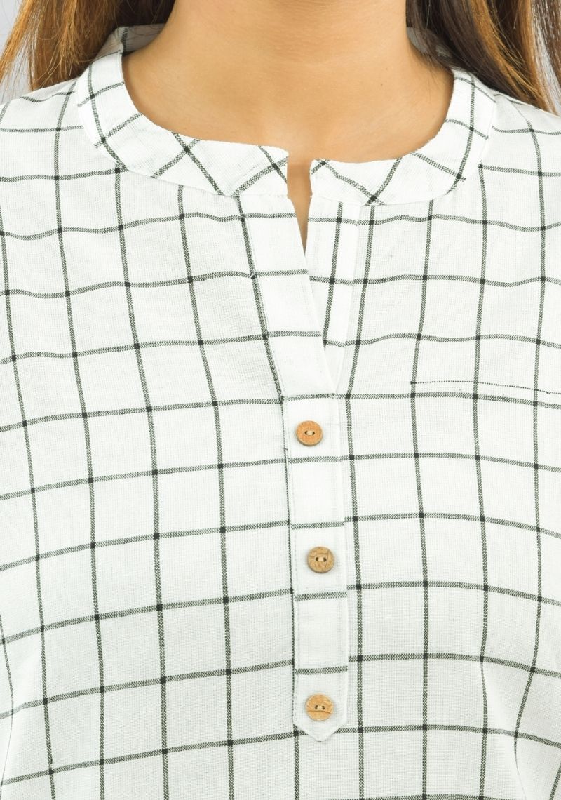 Women Co-Ords White Cotton Checks Dress Top and Bottom