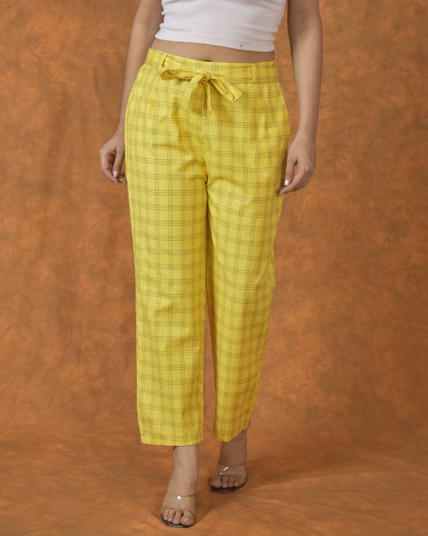 Yellow Black Cotton Checks Belt Pant
