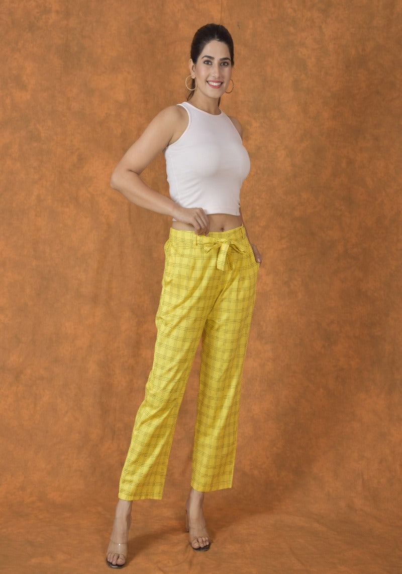 Yellow Black Cotton Checks Belt Pant