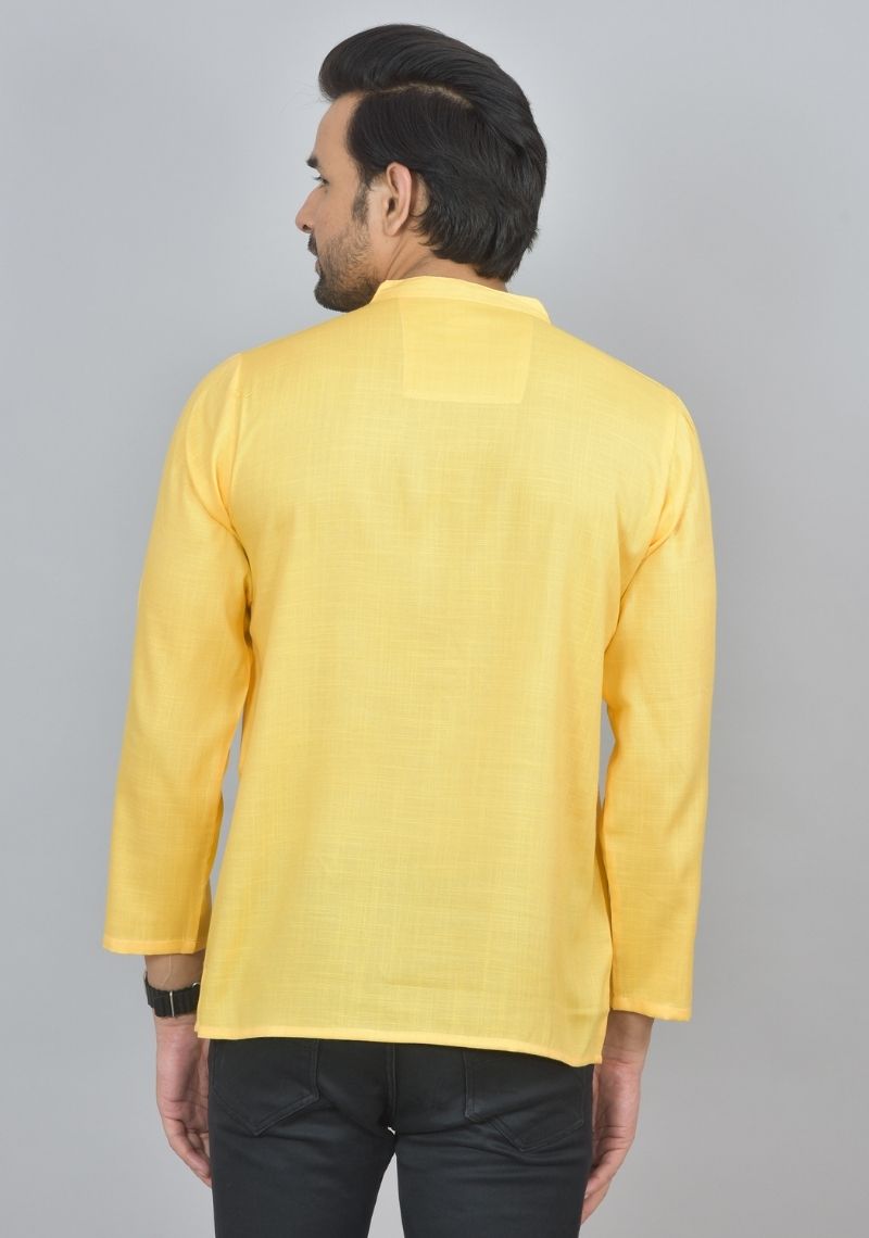 Combo of 2 Men Cotton Self Design Short Kurta Yellow and Pink