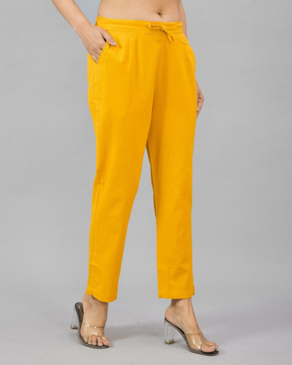 Yellow Solid Cotton Flax Women Trouser