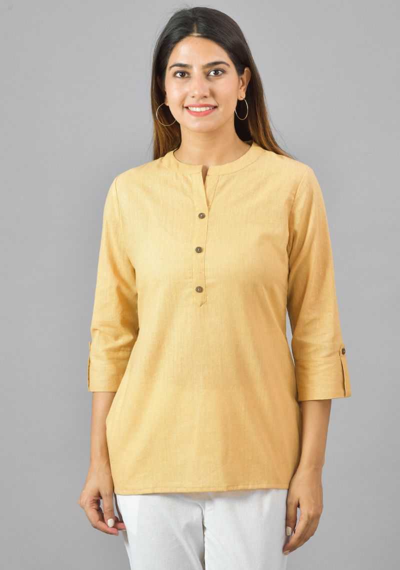 Yellow Solid Cotton Women Top-10380