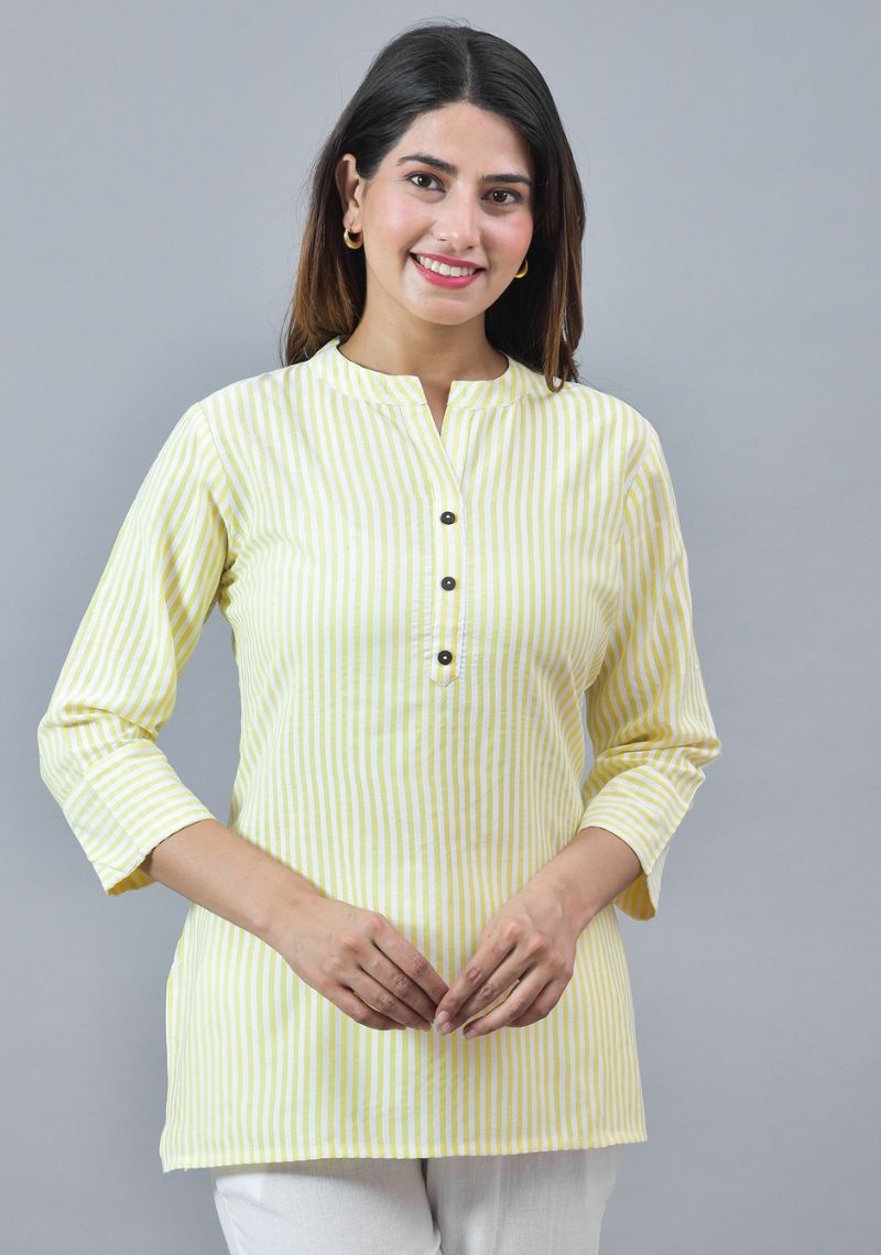 Yellow White Cotton Stripe Women Top-10285