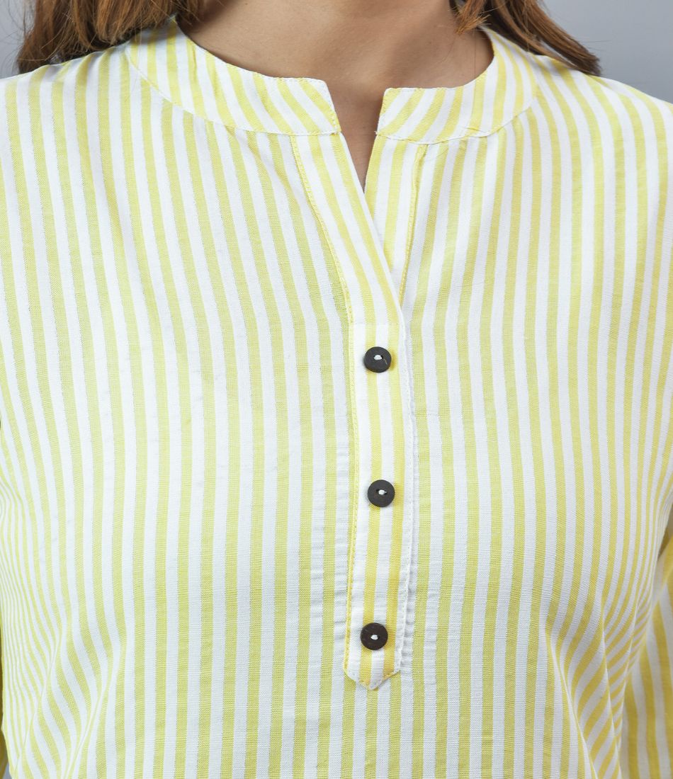 Yellow White Cotton Stripe Women Top-10285
